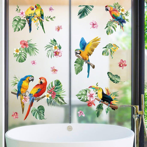 decalmile Tropical Parrots on Branch Window Clings, Anti-Collision Glass Window Decals for Doors and Windows