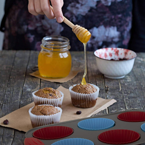 Boxiki Kitchen Non-Stick Steel Muffin Pan, 6 Cup with Silicone Handles and Reusable Liners