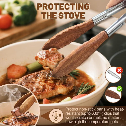 YaHees (9 inch) Wooden Tongs for Cooking, Multi-Purpose for Tossing Salads, Grilling, Flipping Food & Serving Bread