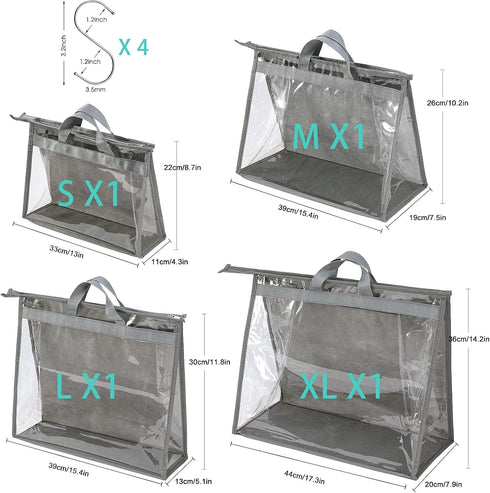 CINPIUK 4 Pack Clear Handbag Dust Bags, Zipper Hanging Storage Organizer for Closet, Grey Purse Storage Bag