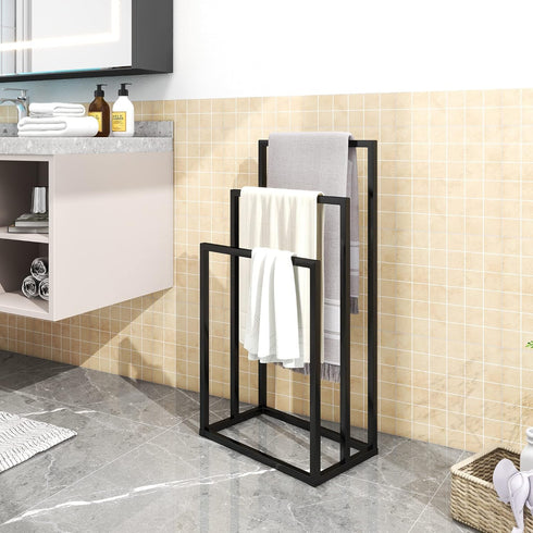 3 3 Metal Towel Racks Bars for Bathroom Freestanding Drying Shelf Tier Storage Organizer Washcloths Holder (Black)