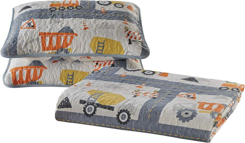 Linen Plus Set Bedspread Kids/Teens Construction Crane Vehicles Work Trucks Cement Tractor Concrete Mixer White Grey