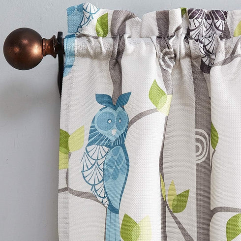 No. 918 Hoot Owl Print Kitchen Curtain Tier Pair, Semi-Sheer, 56" x 24", Mocha