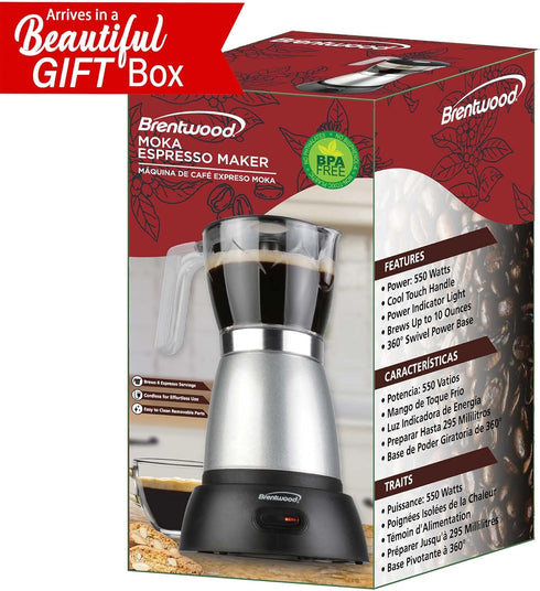 Brentwood TS-119S Electric Moka Pot Espresso Machine, 6 Servings, Silver