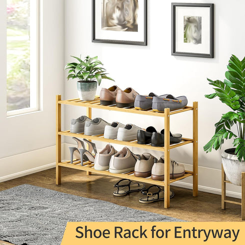 Furshus 3-Tier Closet Bamboo Shoe Rack for Entryway, Stackable | Heavy Duty | Multi-Function, Free Standing Shoe Racks