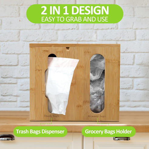 2 1 Trash Bag Dispenser & Grocery Bag Organizer, in Bamboo Garbage Bags Storage Box for Cabinet Door, Under Sink