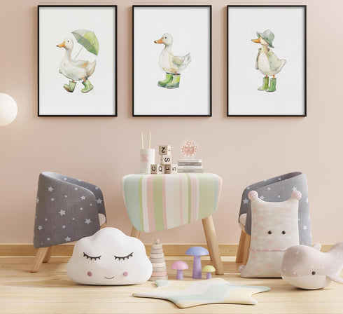 Generic 3Pcs Set 3 Baby Animal Nursery Wall Art Funny Green Rain Gear Duck Painting Picture Wall Decor This of Happy
