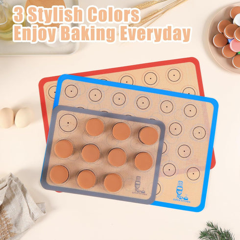 Set of 3 Silicone Baking Mats for Macarons - Non Stick Cookie Oven Liners (2 Half Sheet, 1 Quarter Sheet) - Red, Blue,