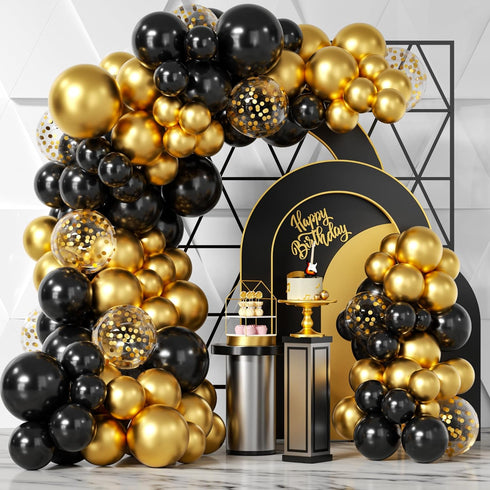 Bezente Black Gold Balloons Garland Kit, 100Pcs Black Gold Metallic Chrome and Gold Confetti Balloons Arch for Wedding,