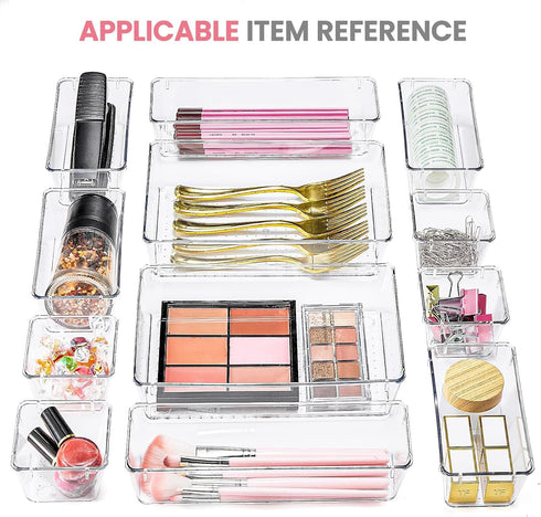 HOUSE DAY Makeup Drawer Organizer Trays - 24 PCS Clear Organizers with Silicone Pads for Desk, Bathroom, Kitchen