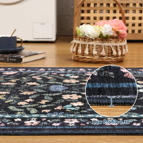 4x6, GarveeHome Floral Washable Rug Non-Slip Low Pile Botanical Carpet, Vintage Farmhouse Area Rug for Bedroom Nursery
