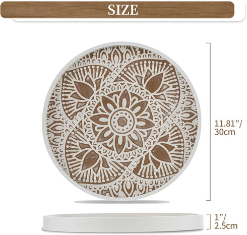 Hanobe Decorative Serving Tray Round: Farmhouse Coffee Table Decor Boho White Mandala Trays for Living Room Kitchen