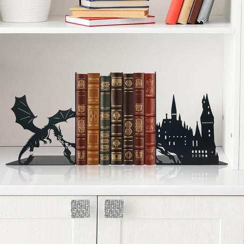 Xyverart Unique Metal Castle Dragon Bookends, Midieval Castle Mystic Decorative, Fantasy Bookends, Decorative Bookend