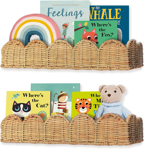 Nursery Book Shelves Set of 2 - Artisanal Natural Rattan Scalloped Book