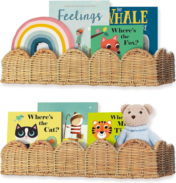 Nursery Book Shelves Set of 2 - Artisanal Natural Rattan Scalloped Book