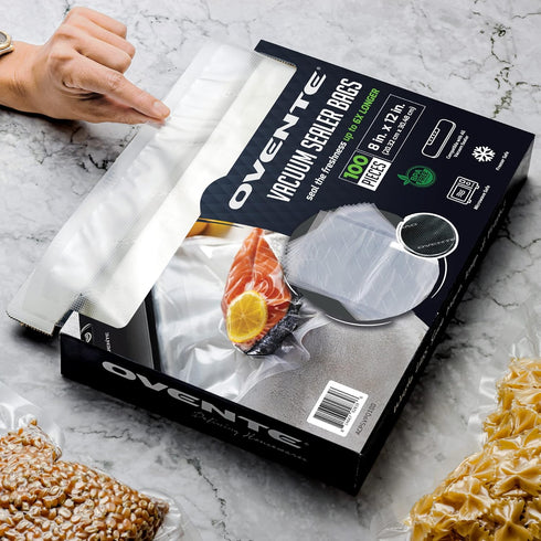 OVENTE Pre-Cut 100 pcs Vacuum Sealer Bags 8” x 12” - Heavy Duty, BPA-Free for Airtight Food Storage, Meal Prep, Sous