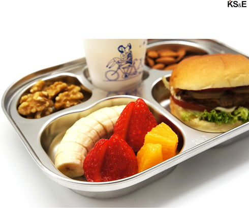 Korean Stainless Steel Divided Plates by KS&E, BPA Free, 5 Compartment Plate Silver, Set of 2