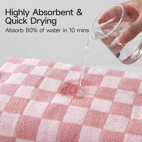 2 Set 27x55 600GSM REDKISS Piece Pink Checkered Bath Towels - Highly Absorbent Pink Cotton Towels for Bathroom