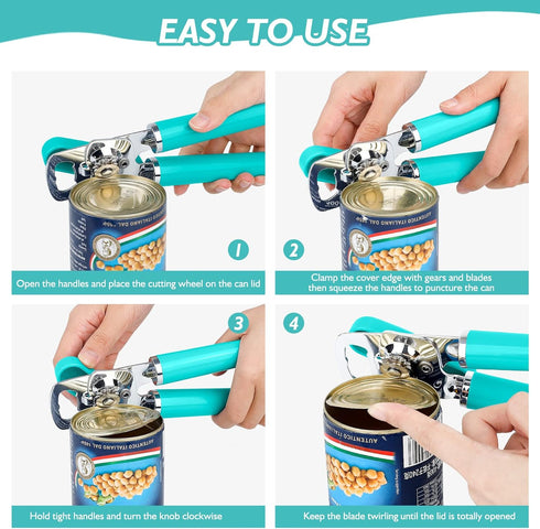 Manual Can Opener, 10 Colors, Heavy Duty Handheld Stainless Steel, Smooth Edge, Easy Turn Knob, Aqua Sky