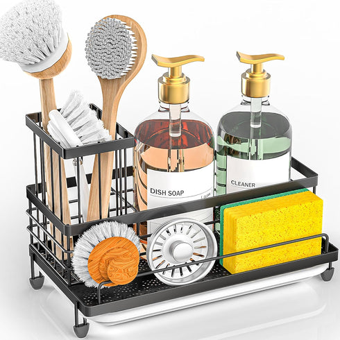 Cisily Kitchen Sink Caddy Organizer, Rustproof Non-Slip Soap Dish Dispenser Brush, Matte Black