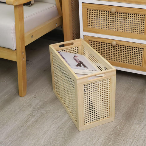 Wood Magazine Holder with Jute Rope Handles, Handcrafted Bamboo Toilet Roll Holder, Wicker Magazine Storage Organizer