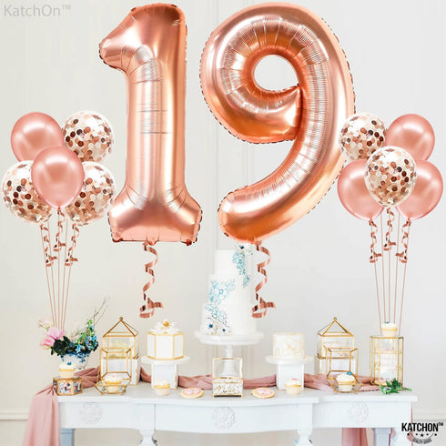 KatchOn Giant Rose Gold 19 Balloon, 40 Inch Birthday Balloons with Confetti for Happy 19th Birthday