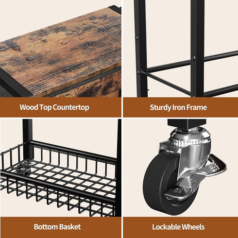 3-Tier Lewondr Bathroom Organizer and Storage Cart with Drawer, Narrow Rolling Utility Cart with Wood Top and Wheels