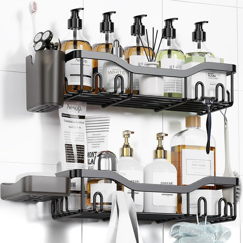 Shower Caddy Adhesive Organizer, Bathroom Shower Shelves with Soap Dish & Hooks, Rustproof Stainless Steel