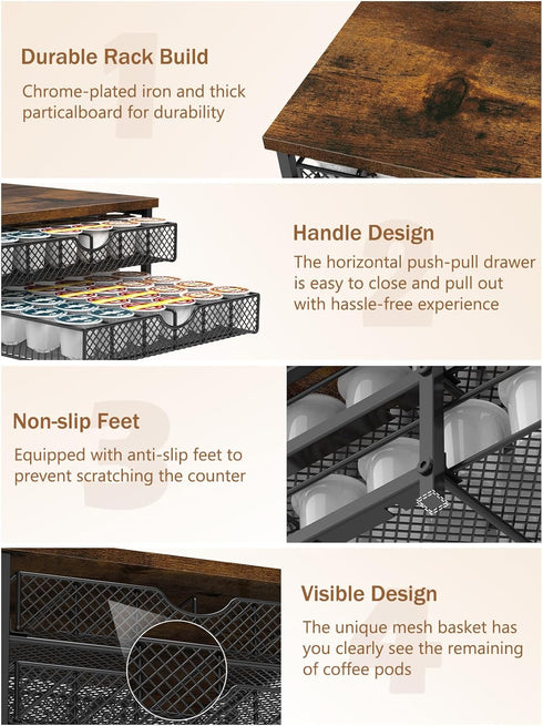 MOOACE Coffee Pod Holder for K Cup - 2 Tier Drawer Holder with Sliding Baskets, 72 Capacity Pods Organizer for Coffee