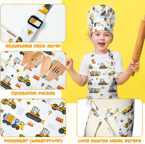 GROBRO7 4Pcs Kids Apron Chef Hat Set, Adjustable Kitchen Toddler Aprons with 2 Pockets for Baking Cooking Gift for