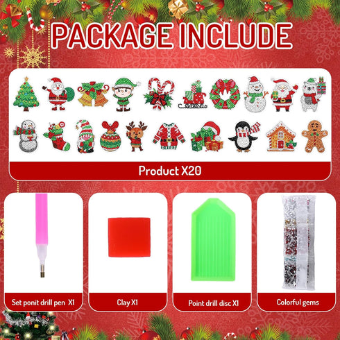 Whaline 20Pcs Christmas Diamond Drawing Magnets, DIY Xmas Rhinestone Painting Full Drill Magnetic Stickers for Home