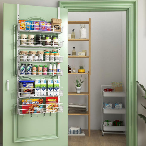 Over The Door Pantry Organizer, Wall Mount Spice Rack with 6 Adjustable Baskets for Home & Kitchen Storage (White)