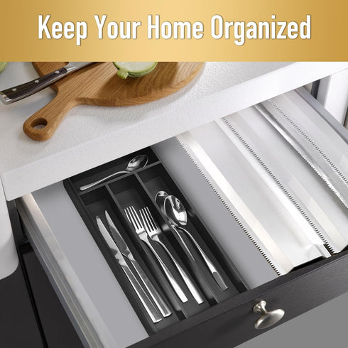 Silverware Organizer Small Bamboo Kitchen Drawer, Utensil Holder, Flatware Organizer Tray, Black, 4 Slots