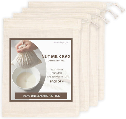 PurpleEssences Ultra-Dense Unbleached Cotton Nut Milk & Filter Bags Reusable Cheesecloth Drawstring
