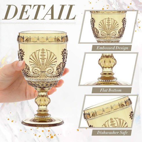 Singhoow 6 10 oz Pcs Goblet Glasses Wine Glasses, Drinking Glasses Colored Retro Embossed Water Goblets For Wine Juice