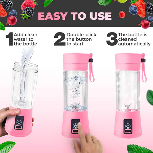 Portable Blender, Compact USB Rechargeable Personal Travel Blender for Smoothies, 380ml, Pink