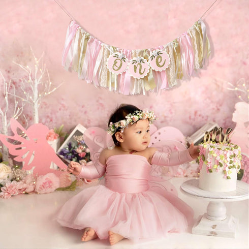 Agkvw 1st 1st Pink Golden Floral High Chair Banner - Rose Birthday Highchair Banner, Girls Birthday Decoration, Pink