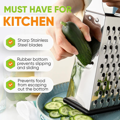 4 Spring Chef Professional Large Parmesan Cheese Grater, Stainless Steel Metal Box Grater with Handle, Sided Handheld