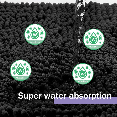Black Bathroom Rugs Non-Slip Chenille Mat Set 3 Pieces Ultra Soft Absorbent Bath Carpet