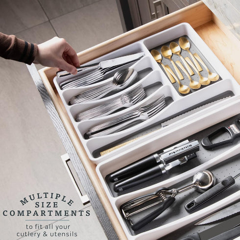 Masirs No-Slip Silverware Tray Organizer, 2-PIECE with 9-SECTIONS for Different Kitchen Utensil and Cutlery Sizes