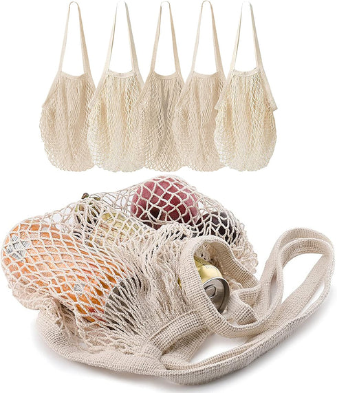 5 Pack Cotton String Shopping Bags, Reusable Washable Grocery Mesh Bags with Long Handle for Produce Storage