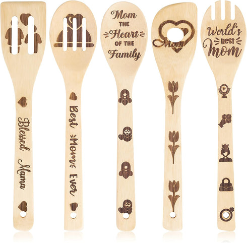 5Pcs Mother's Day Wooden Spoons Utensils Set, Non-Stick Bamboo Cooking Gadget for Mother's Day Gift