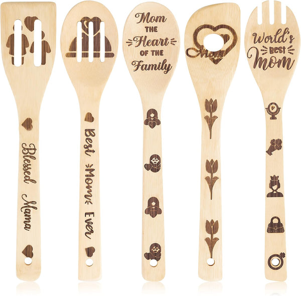 5Pcs Mother's Day Wooden Spoons Utensils Set, Non-Stick Bamboo Cooking Gadget for Mother's Day Gift