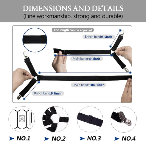 Bed Sheet Holder Straps - Adjustable Clips to Hold Sheets in Place, Elastic Grippers, Fasteners for Bedding and Bedsheet