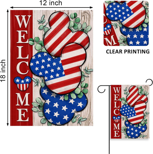 Welcome 4th of July Stars Stripes Cartoon Mouse Garden Flag - Double Sided American USA Memorial Day Yard Decor