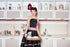 Cute Lovely Retro Aprons for Women, Vintage 50s Black Pink Cooking Kitchen Ruffle Apron