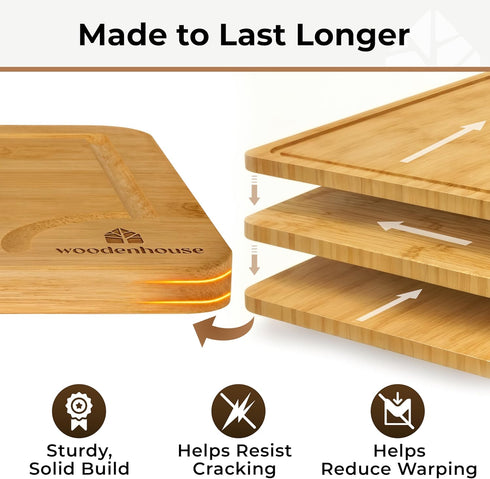 Set 3 Set of Bamboo Cutting Boards for Kitchen - Thick & Durable Wood Cutting Boards with Deep Juice Grooves & Build
