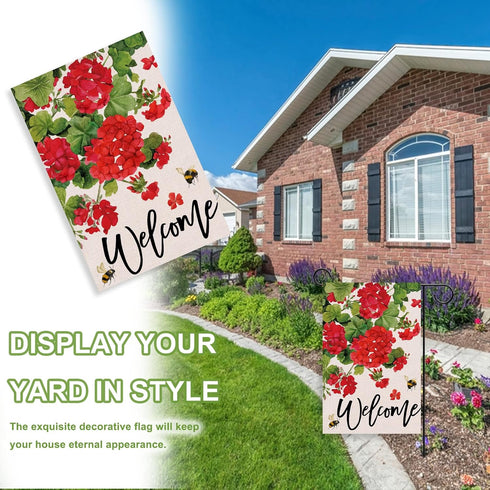 Welcome Spring Geranium Decorative Garden Flag, Red Floral Flowers Bee Yard Outside Decorations, 12 x 18