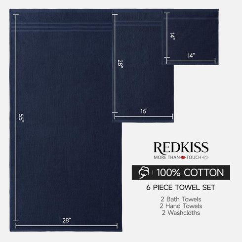 Set 6 Sets 2 2 2 650GSM REDKISS Navy Towels Piece Cotton Towel with Bath Towels, Hand, Washcloths, Hotel Quality, Soft