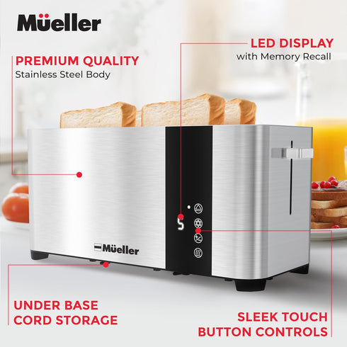 Mueller UltraToast Full Stainless Steel Toaster, 4 Slice with Long Extra-Wide Slots and 6 Browning Levels